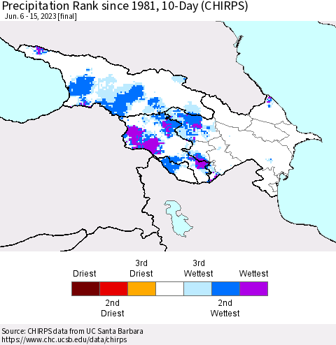 Azerbaijan, Armenia and Georgia Precipitation Rank since 1981, 10-Day (CHIRPS) Thematic Map For 6/6/2023 - 6/15/2023