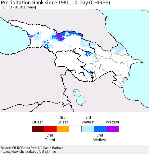 Azerbaijan, Armenia and Georgia Precipitation Rank since 1981, 10-Day (CHIRPS) Thematic Map For 6/11/2023 - 6/20/2023
