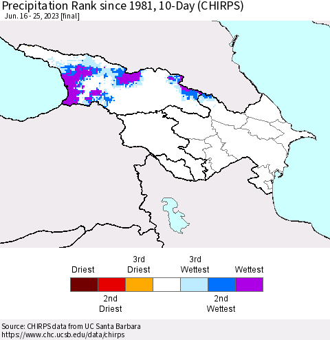 Azerbaijan, Armenia and Georgia Precipitation Rank since 1981, 10-Day (CHIRPS) Thematic Map For 6/16/2023 - 6/25/2023