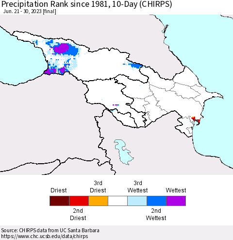 Azerbaijan, Armenia and Georgia Precipitation Rank since 1981, 10-Day (CHIRPS) Thematic Map For 6/21/2023 - 6/30/2023