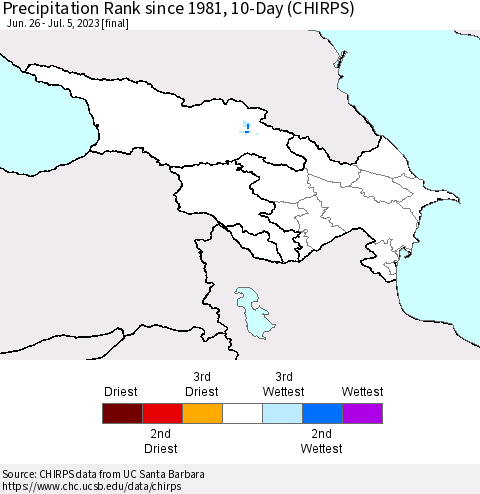 Azerbaijan, Armenia and Georgia Precipitation Rank since 1981, 10-Day (CHIRPS) Thematic Map For 6/26/2023 - 7/5/2023