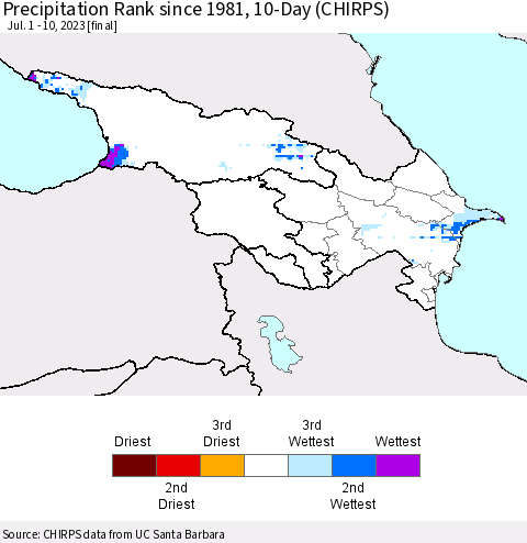 Azerbaijan, Armenia and Georgia Precipitation Rank since 1981, 10-Day (CHIRPS) Thematic Map For 7/1/2023 - 7/10/2023