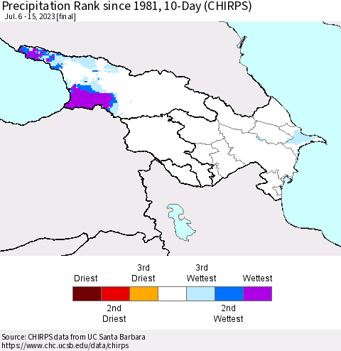 Azerbaijan, Armenia and Georgia Precipitation Rank since 1981, 10-Day (CHIRPS) Thematic Map For 7/6/2023 - 7/15/2023
