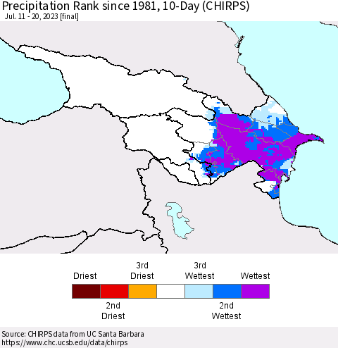 Azerbaijan, Armenia and Georgia Precipitation Rank since 1981, 10-Day (CHIRPS) Thematic Map For 7/11/2023 - 7/20/2023