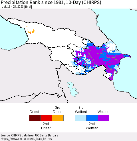 Azerbaijan, Armenia and Georgia Precipitation Rank since 1981, 10-Day (CHIRPS) Thematic Map For 7/16/2023 - 7/25/2023