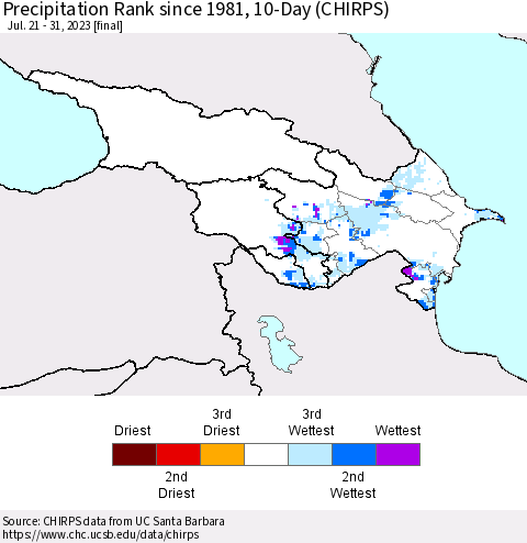 Azerbaijan, Armenia and Georgia Precipitation Rank since 1981, 10-Day (CHIRPS) Thematic Map For 7/21/2023 - 7/31/2023