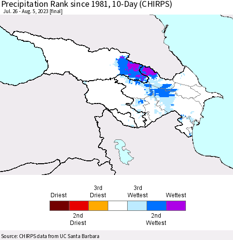 Azerbaijan, Armenia and Georgia Precipitation Rank since 1981, 10-Day (CHIRPS) Thematic Map For 7/26/2023 - 8/5/2023
