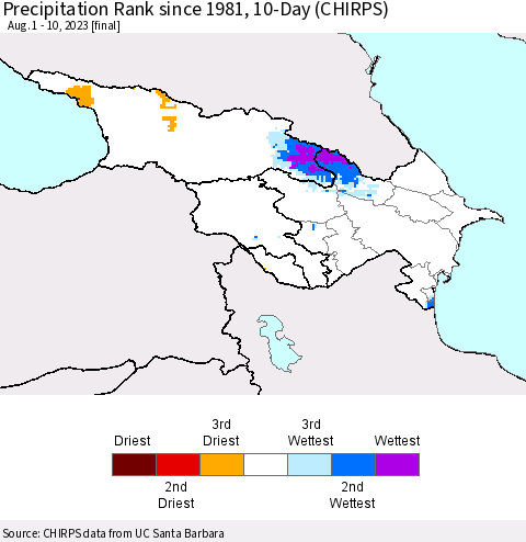 Azerbaijan, Armenia and Georgia Precipitation Rank since 1981, 10-Day (CHIRPS) Thematic Map For 8/1/2023 - 8/10/2023