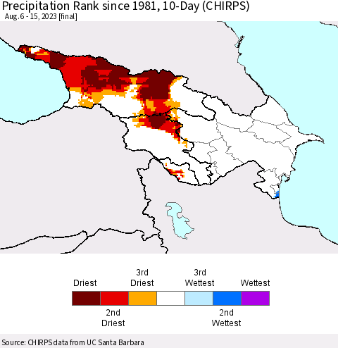 Azerbaijan, Armenia and Georgia Precipitation Rank since 1981, 10-Day (CHIRPS) Thematic Map For 8/6/2023 - 8/15/2023