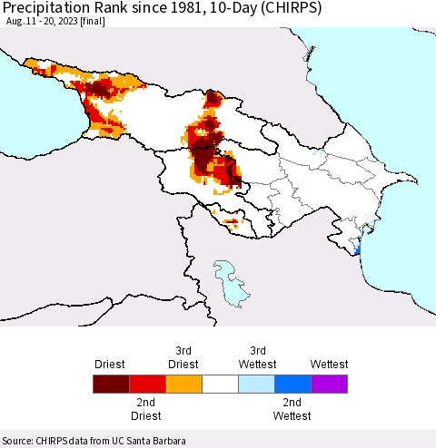 Azerbaijan, Armenia and Georgia Precipitation Rank since 1981, 10-Day (CHIRPS) Thematic Map For 8/11/2023 - 8/20/2023