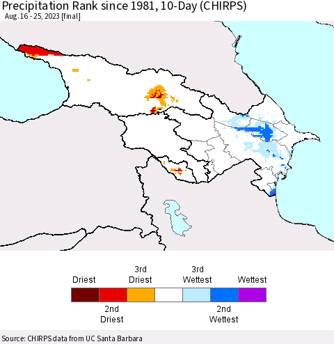 Azerbaijan, Armenia and Georgia Precipitation Rank since 1981, 10-Day (CHIRPS) Thematic Map For 8/16/2023 - 8/25/2023