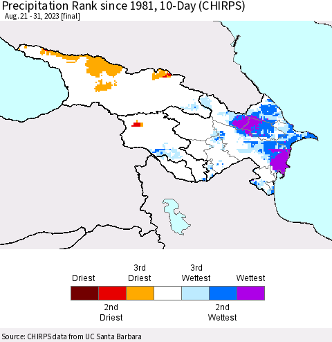Azerbaijan, Armenia and Georgia Precipitation Rank since 1981, 10-Day (CHIRPS) Thematic Map For 8/21/2023 - 8/31/2023