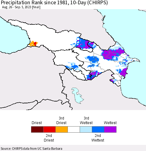 Azerbaijan, Armenia and Georgia Precipitation Rank since 1981, 10-Day (CHIRPS) Thematic Map For 8/26/2023 - 9/5/2023