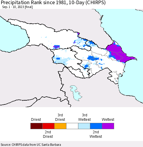 Azerbaijan, Armenia and Georgia Precipitation Rank since 1981, 10-Day (CHIRPS) Thematic Map For 9/1/2023 - 9/10/2023