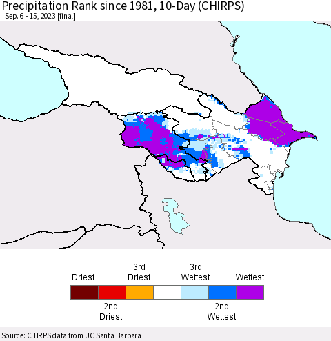 Azerbaijan, Armenia and Georgia Precipitation Rank since 1981, 10-Day (CHIRPS) Thematic Map For 9/6/2023 - 9/15/2023