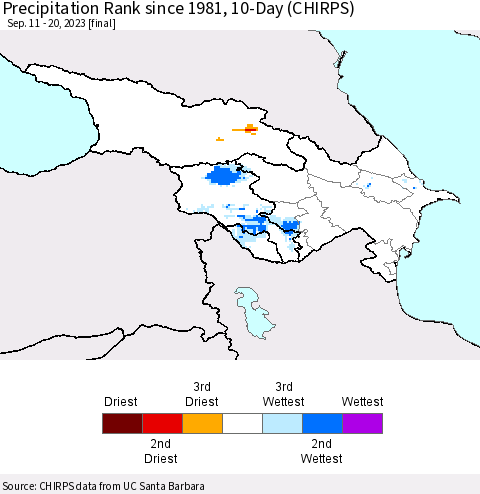 Azerbaijan, Armenia and Georgia Precipitation Rank since 1981, 10-Day (CHIRPS) Thematic Map For 9/11/2023 - 9/20/2023