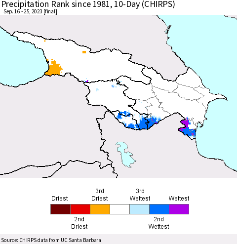 Azerbaijan, Armenia and Georgia Precipitation Rank since 1981, 10-Day (CHIRPS) Thematic Map For 9/16/2023 - 9/25/2023