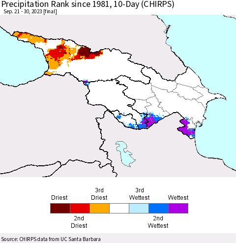 Azerbaijan, Armenia and Georgia Precipitation Rank since 1981, 10-Day (CHIRPS) Thematic Map For 9/21/2023 - 9/30/2023