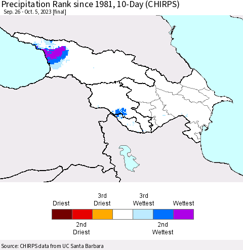 Azerbaijan, Armenia and Georgia Precipitation Rank since 1981, 10-Day (CHIRPS) Thematic Map For 9/26/2023 - 10/5/2023