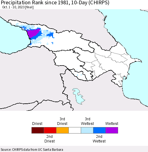Azerbaijan, Armenia and Georgia Precipitation Rank since 1981, 10-Day (CHIRPS) Thematic Map For 10/1/2023 - 10/10/2023