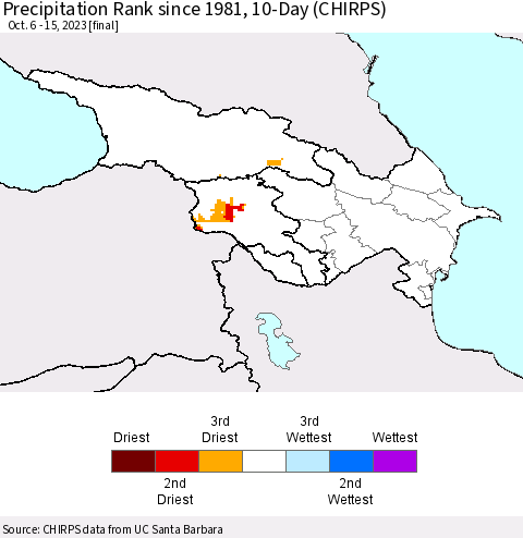 Azerbaijan, Armenia and Georgia Precipitation Rank since 1981, 10-Day (CHIRPS) Thematic Map For 10/6/2023 - 10/15/2023