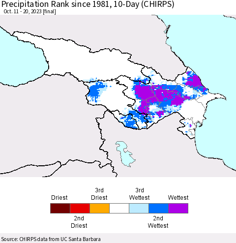 Azerbaijan, Armenia and Georgia Precipitation Rank since 1981, 10-Day (CHIRPS) Thematic Map For 10/11/2023 - 10/20/2023