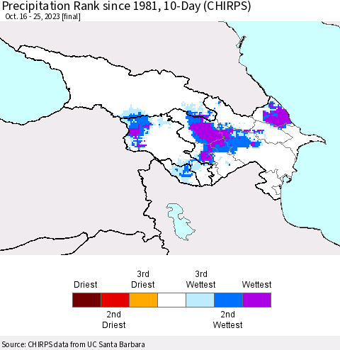 Azerbaijan, Armenia and Georgia Precipitation Rank since 1981, 10-Day (CHIRPS) Thematic Map For 10/16/2023 - 10/25/2023