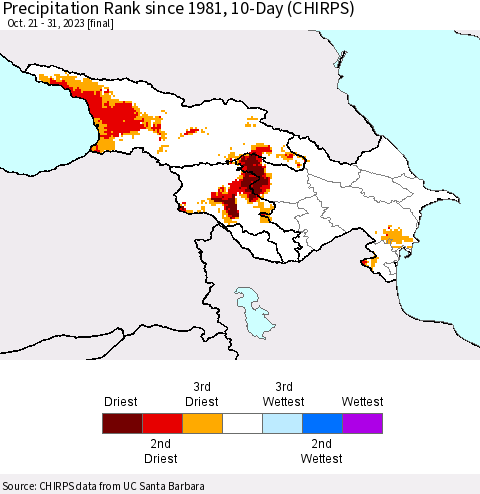 Azerbaijan, Armenia and Georgia Precipitation Rank since 1981, 10-Day (CHIRPS) Thematic Map For 10/21/2023 - 10/31/2023