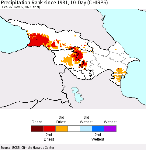 Azerbaijan, Armenia and Georgia Precipitation Rank since 1981, 10-Day (CHIRPS) Thematic Map For 10/26/2023 - 11/5/2023