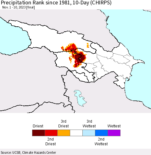 Azerbaijan, Armenia and Georgia Precipitation Rank since 1981, 10-Day (CHIRPS) Thematic Map For 11/1/2023 - 11/10/2023