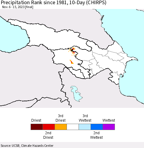 Azerbaijan, Armenia and Georgia Precipitation Rank since 1981, 10-Day (CHIRPS) Thematic Map For 11/6/2023 - 11/15/2023