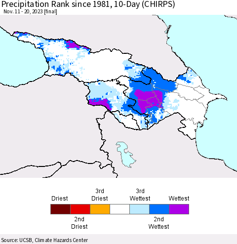 Azerbaijan, Armenia and Georgia Precipitation Rank since 1981, 10-Day (CHIRPS) Thematic Map For 11/11/2023 - 11/20/2023