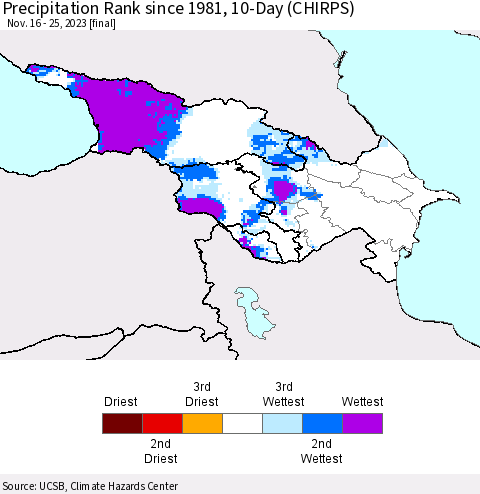 Azerbaijan, Armenia and Georgia Precipitation Rank since 1981, 10-Day (CHIRPS) Thematic Map For 11/16/2023 - 11/25/2023