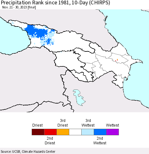 Azerbaijan, Armenia and Georgia Precipitation Rank since 1981, 10-Day (CHIRPS) Thematic Map For 11/21/2023 - 11/30/2023