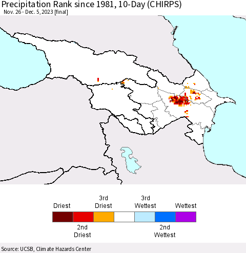 Azerbaijan, Armenia and Georgia Precipitation Rank since 1981, 10-Day (CHIRPS) Thematic Map For 11/26/2023 - 12/5/2023