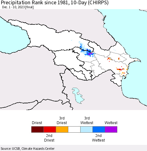 Azerbaijan, Armenia and Georgia Precipitation Rank since 1981, 10-Day (CHIRPS) Thematic Map For 12/1/2023 - 12/10/2023
