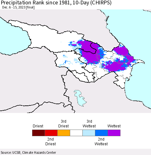Azerbaijan, Armenia and Georgia Precipitation Rank since 1981, 10-Day (CHIRPS) Thematic Map For 12/6/2023 - 12/15/2023