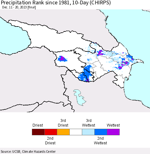 Azerbaijan, Armenia and Georgia Precipitation Rank since 1981, 10-Day (CHIRPS) Thematic Map For 12/11/2023 - 12/20/2023
