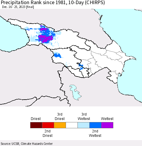 Azerbaijan, Armenia and Georgia Precipitation Rank since 1981, 10-Day (CHIRPS) Thematic Map For 12/16/2023 - 12/25/2023