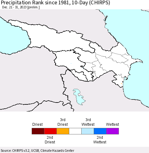 Azerbaijan, Armenia and Georgia Precipitation Rank since 1981, 10-Day (CHIRPS) Thematic Map For 12/21/2023 - 12/31/2023