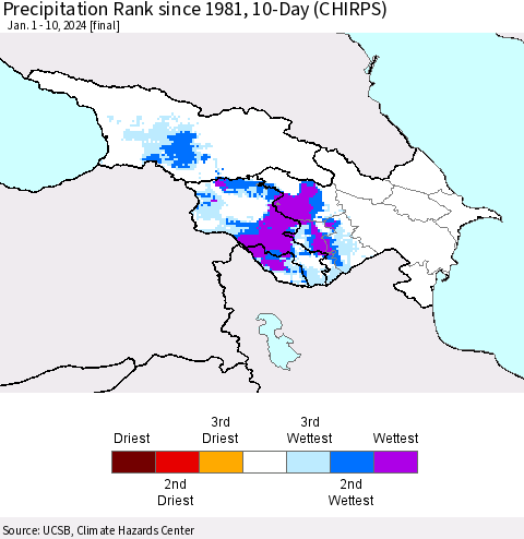 Azerbaijan, Armenia and Georgia Precipitation Rank since 1981, 10-Day (CHIRPS) Thematic Map For 1/1/2024 - 1/10/2024