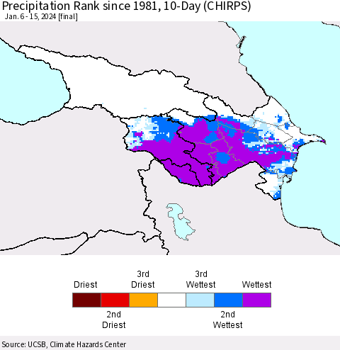 Azerbaijan, Armenia and Georgia Precipitation Rank since 1981, 10-Day (CHIRPS) Thematic Map For 1/6/2024 - 1/15/2024