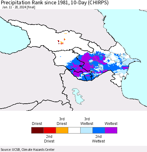 Azerbaijan, Armenia and Georgia Precipitation Rank since 1981, 10-Day (CHIRPS) Thematic Map For 1/11/2024 - 1/20/2024