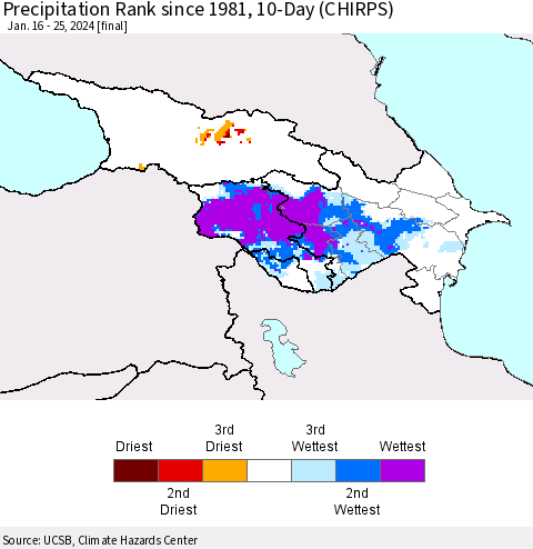 Azerbaijan, Armenia and Georgia Precipitation Rank since 1981, 10-Day (CHIRPS) Thematic Map For 1/16/2024 - 1/25/2024
