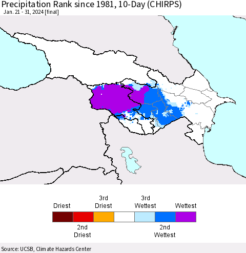 Azerbaijan, Armenia and Georgia Precipitation Rank since 1981, 10-Day (CHIRPS) Thematic Map For 1/21/2024 - 1/31/2024
