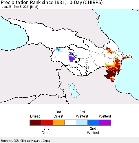 Azerbaijan, Armenia and Georgia Precipitation Rank since 1981, 10-Day (CHIRPS) Thematic Map For 1/26/2024 - 2/5/2024