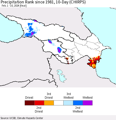 Azerbaijan, Armenia and Georgia Precipitation Rank since 1981, 10-Day (CHIRPS) Thematic Map For 2/1/2024 - 2/10/2024