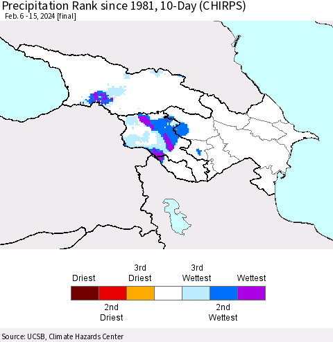 Azerbaijan, Armenia and Georgia Precipitation Rank since 1981, 10-Day (CHIRPS) Thematic Map For 2/6/2024 - 2/15/2024