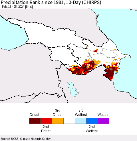 Azerbaijan, Armenia and Georgia Precipitation Rank since 1981, 10-Day (CHIRPS) Thematic Map For 2/16/2024 - 2/25/2024