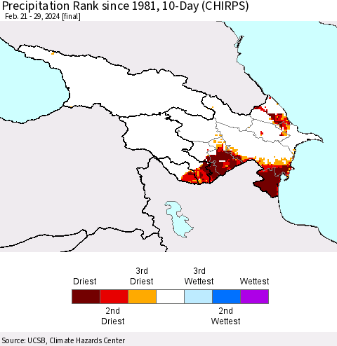 Azerbaijan, Armenia and Georgia Precipitation Rank since 1981, 10-Day (CHIRPS) Thematic Map For 2/21/2024 - 2/29/2024